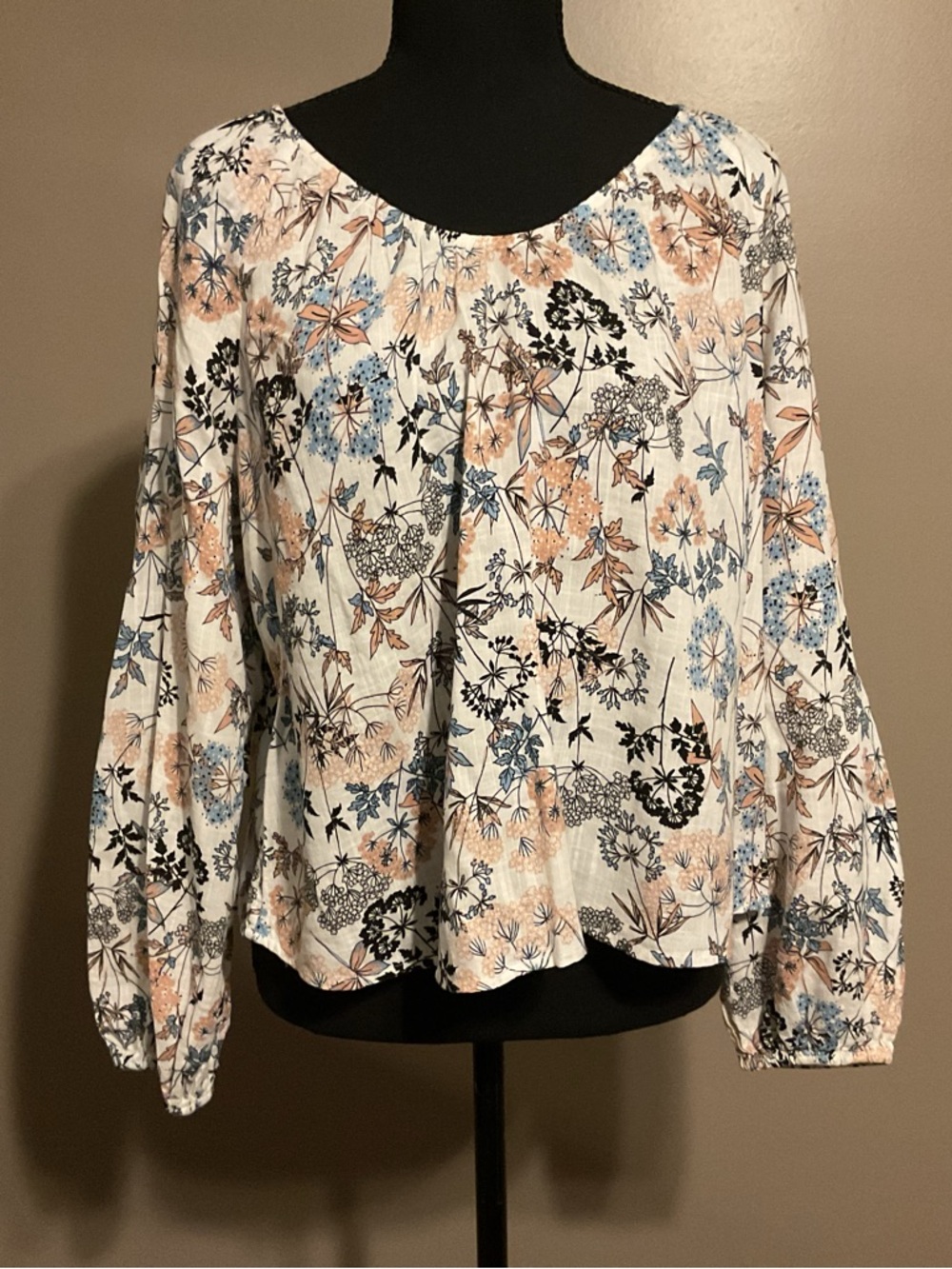 a.n.a Cream Floral Peasant Blouse with Blue & Tan Prints